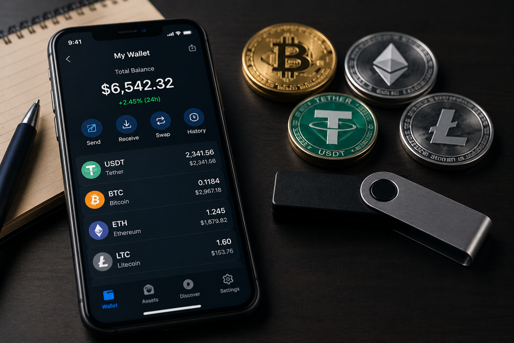 Crypto wallet with Bitcoin, Ethereum, USDT and Litecoin